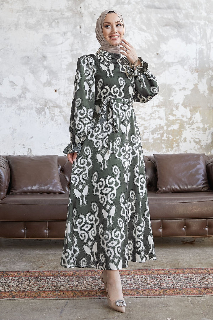MDS Women Amaris Patterned Belted Satin Dress - Khaki - Saginaw