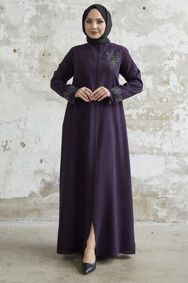 MDS Women Sleeve Flower Stone Abaya - Purple - Doral