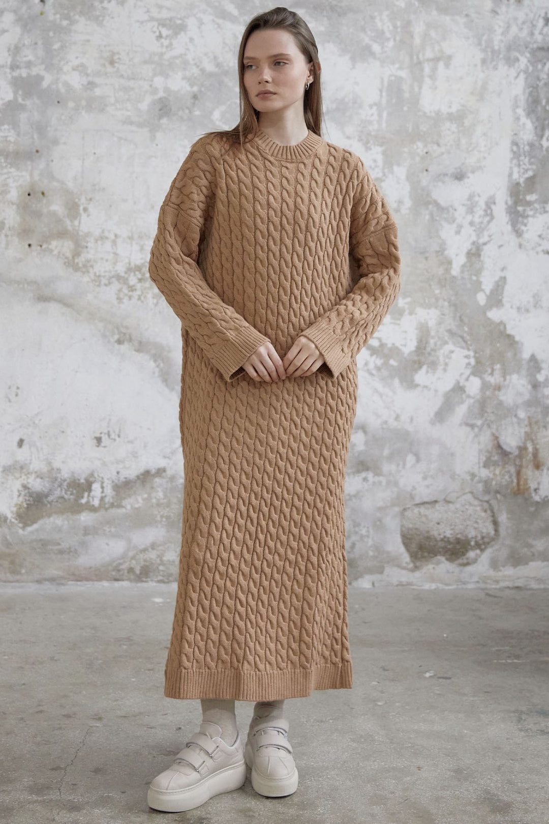 MDS Women Everly Knitted Patterned Sweater Dress - Camel - Arcadia
