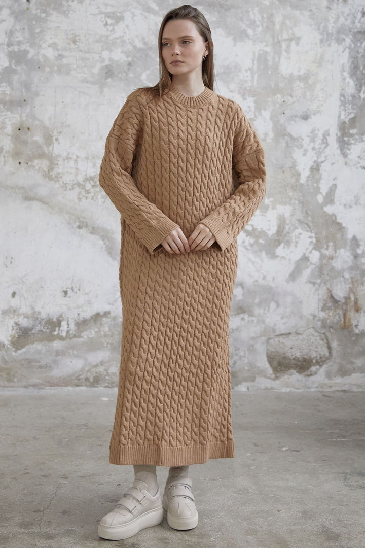 MDS Women Everly Knitted Patterned Sweater Dress - Camel - Arcadia