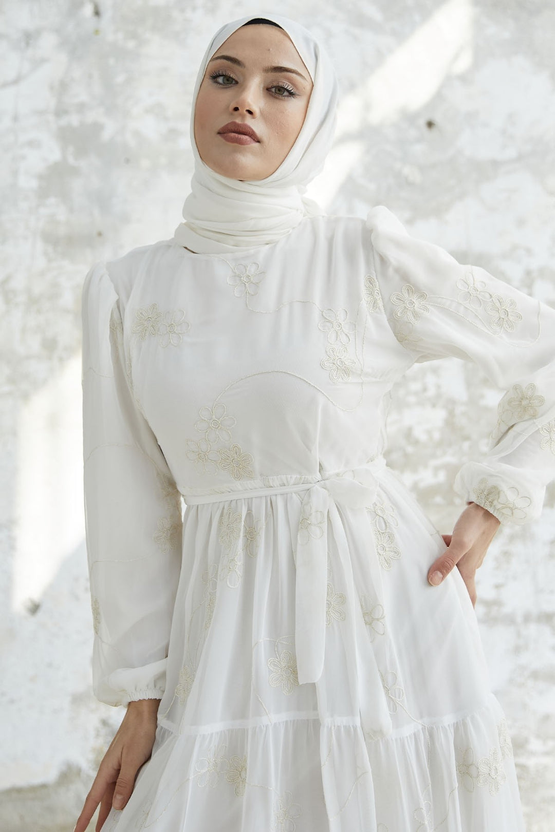 MDS Women Daisy Patterned Belted Chiffon Dress - White - Neuss