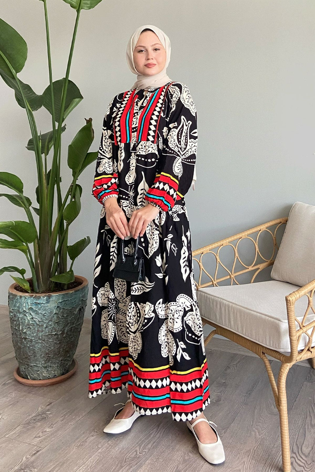 MDS Women Colorful Mixed Baggy Black Viscose Dress - Coral Springs