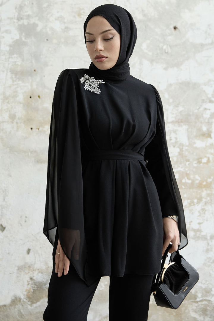 MDS Women Stone-Accented Tulle Crepe Set - Black - Bagnolet