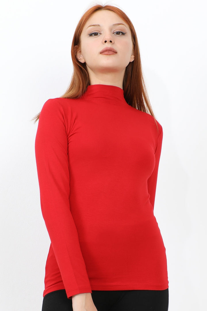 MDS Women Long Sleeve Fisherman Collar Basic Bodysuit - Red - Stains