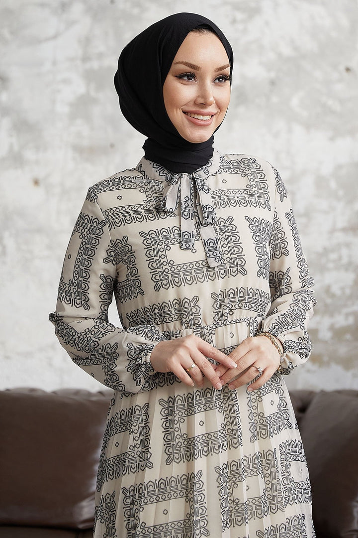MDS Women White Chiffon Dress with Ethnic Pattern and Tie Collar - Boucherville