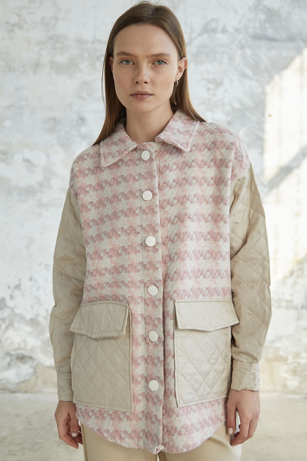 MDS Women Herringbone Pattern Quilted Jacket - Powder - Akron