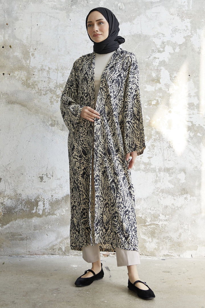 MDS Women Spiral Patterned Long Kimono - Black - Witten