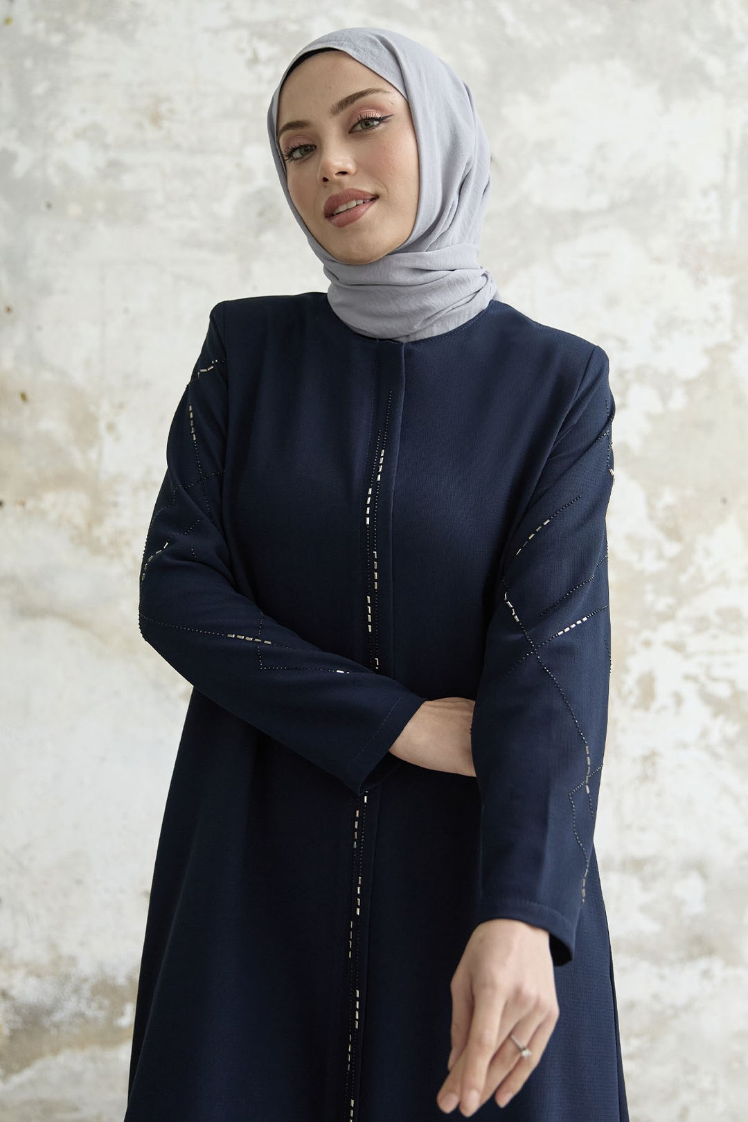 MDS Women Sequined Stone Embroidered Abaya - Navy Blue - Graz