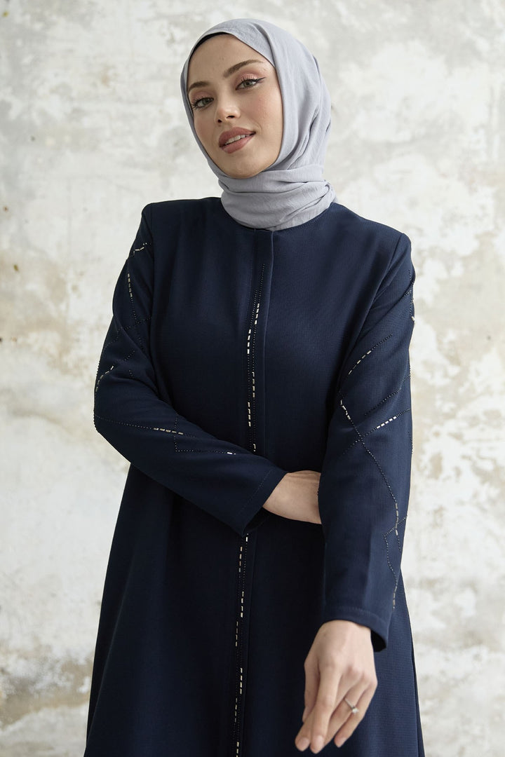 MDS Women Sequined Stone Embroidered Abaya - Navy Blue - Graz