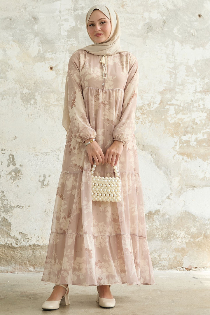 MDS Women Beige Chiffon Dress with Leaf Pattern and Tassels at the Front - Neunkirchen