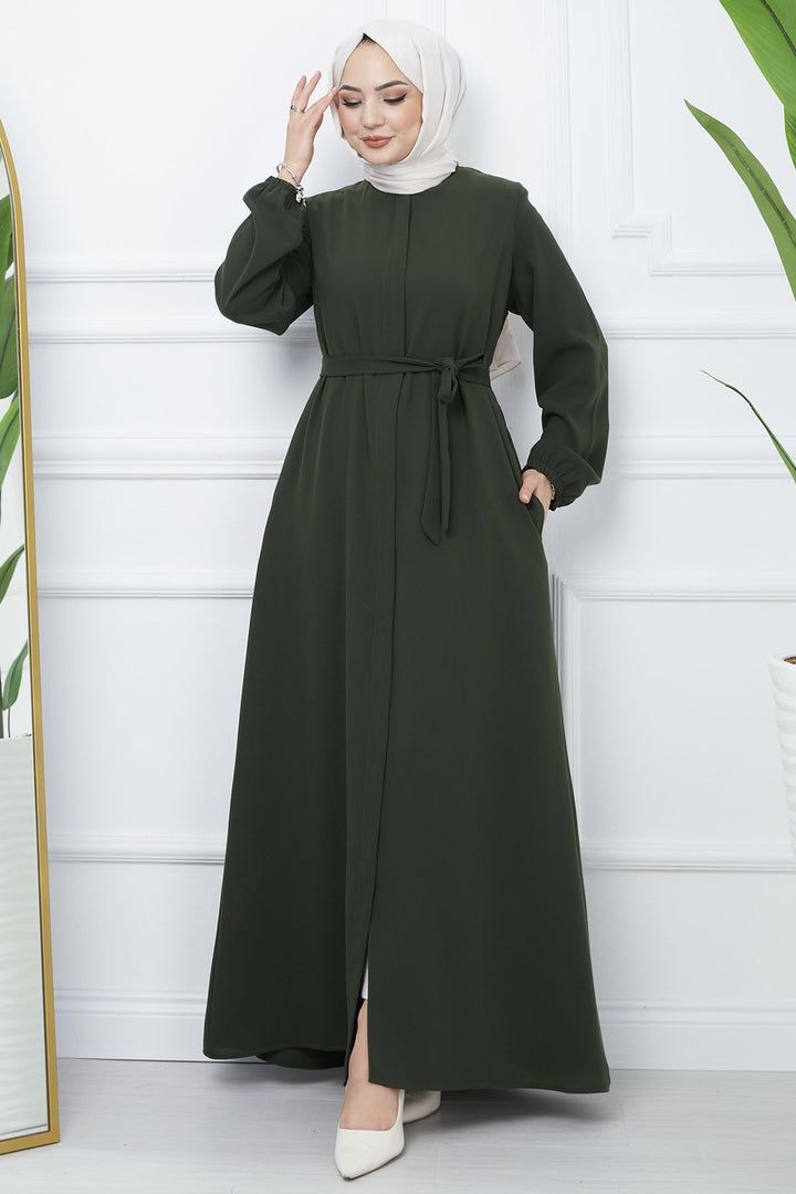 MDS Women Belted Honeycomb Fabric Abaya - Khaki - Zhytomyr