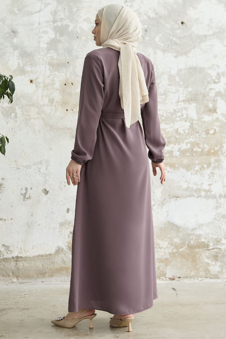 MDS Women Belted Honeycomb Fabric Abaya - Rose Pink - Lehrte