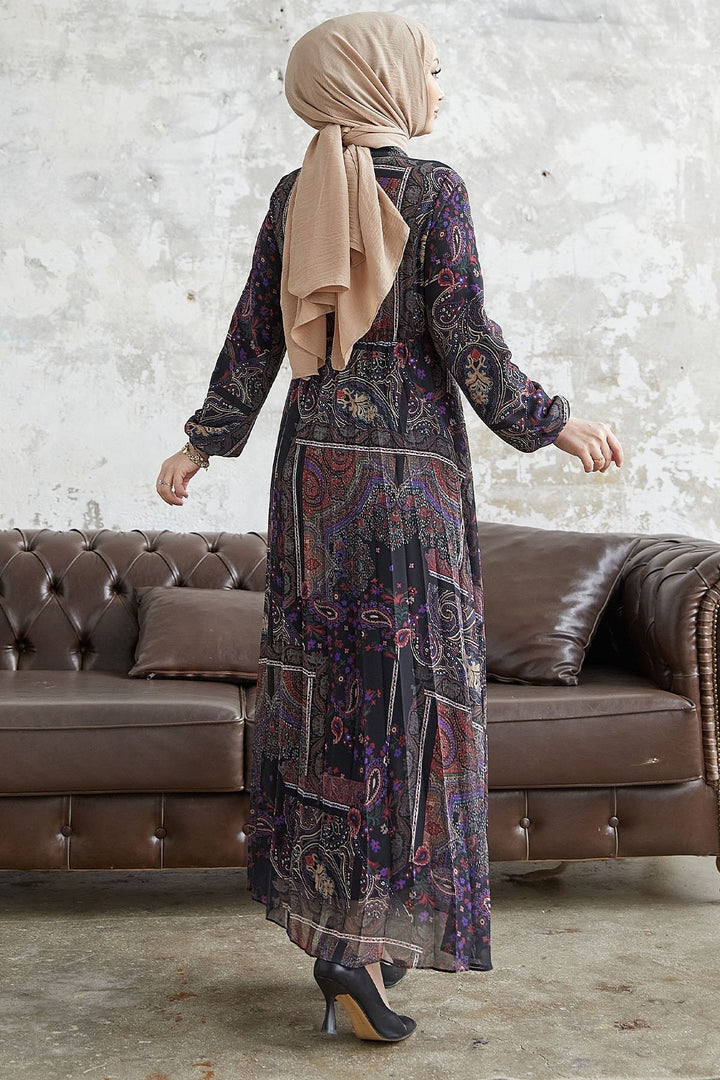 MDS Women Viera Shawl Patterned Collar Belted Chiffon Dress - Black - Vigevano