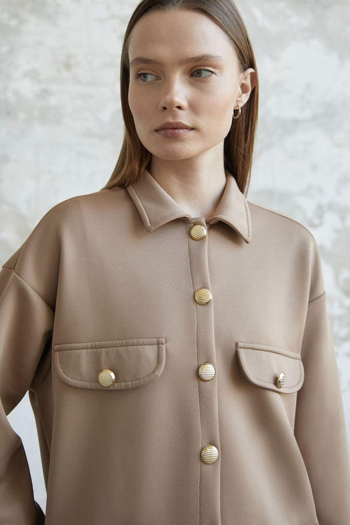 MDS Women Buttoned Pocket Detail Jacket Scuba Suit - Camel - Bad Homburg