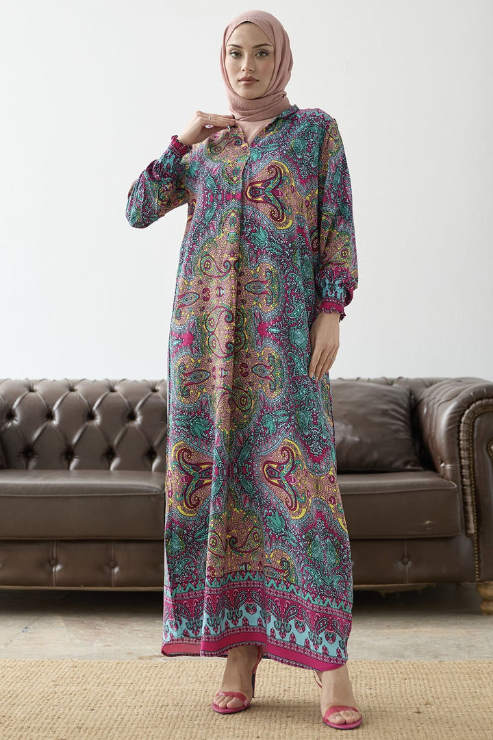 MDS Women Judge Collar Ethnic Pattern Viscose Dress - Fuchsia - Fleet