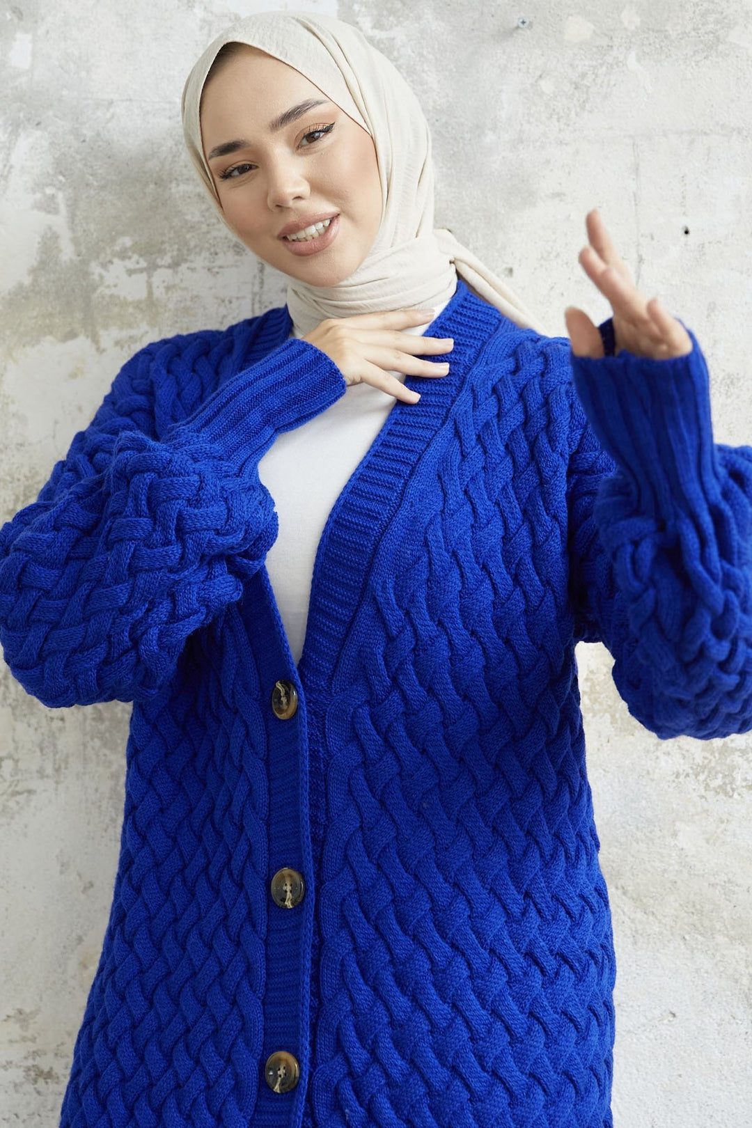 سترة MDS النسائية Arene طويلة مضفرة بأزرار - أزرق سماوي - فولدا