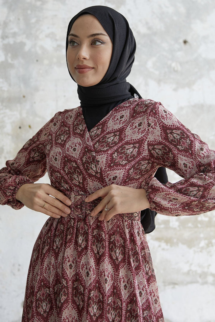 MDS Women Belted Ethnic Pattern Chiffon Dress - Purple - Kelowna