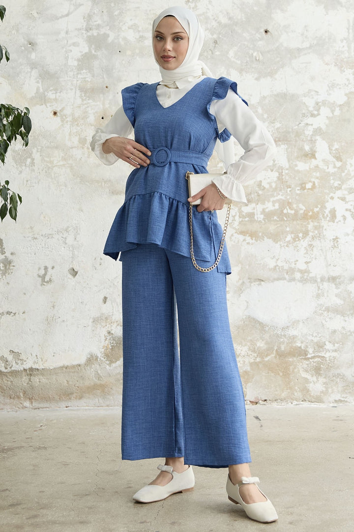 MDS Women Ruffled Shoulder Three Piece Set - Blue - Cholula de Rivadabia