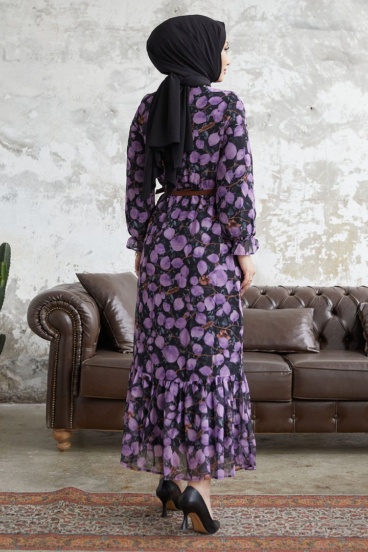 MDS Women Droplet Patterned Belted Chiffon Dress - Purple - Torres Novas