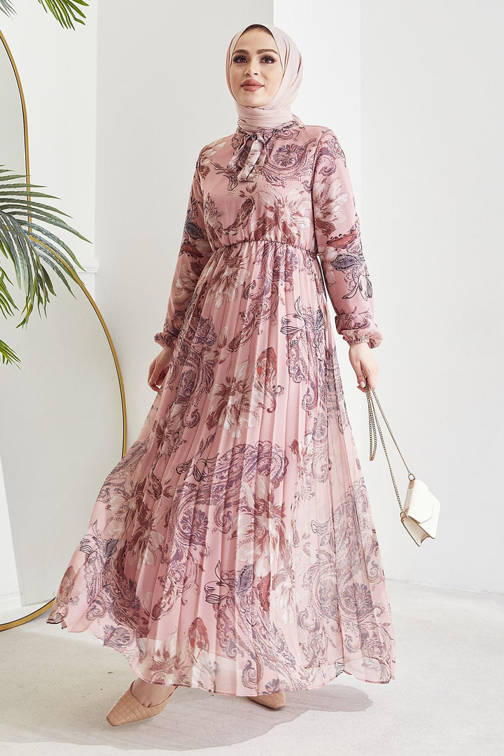 MDS Women Serena Flower Pattern Pleated Chiffon Dress - Rose Pink - Toulouse