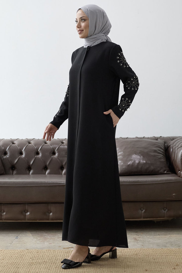 MDS Women Sleeves Pearl Stone Detail Abaya - Black - Ayr