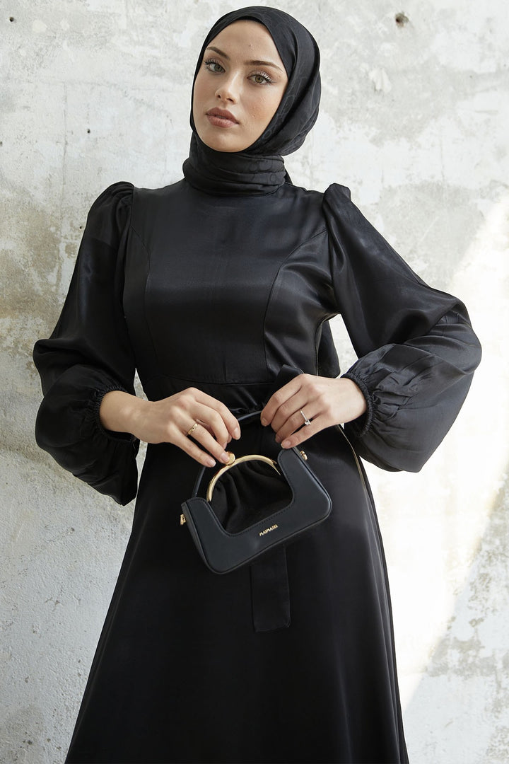 MDS Women Belted Balloon Sleeve Satin Dress - Black - Pembroke Pines