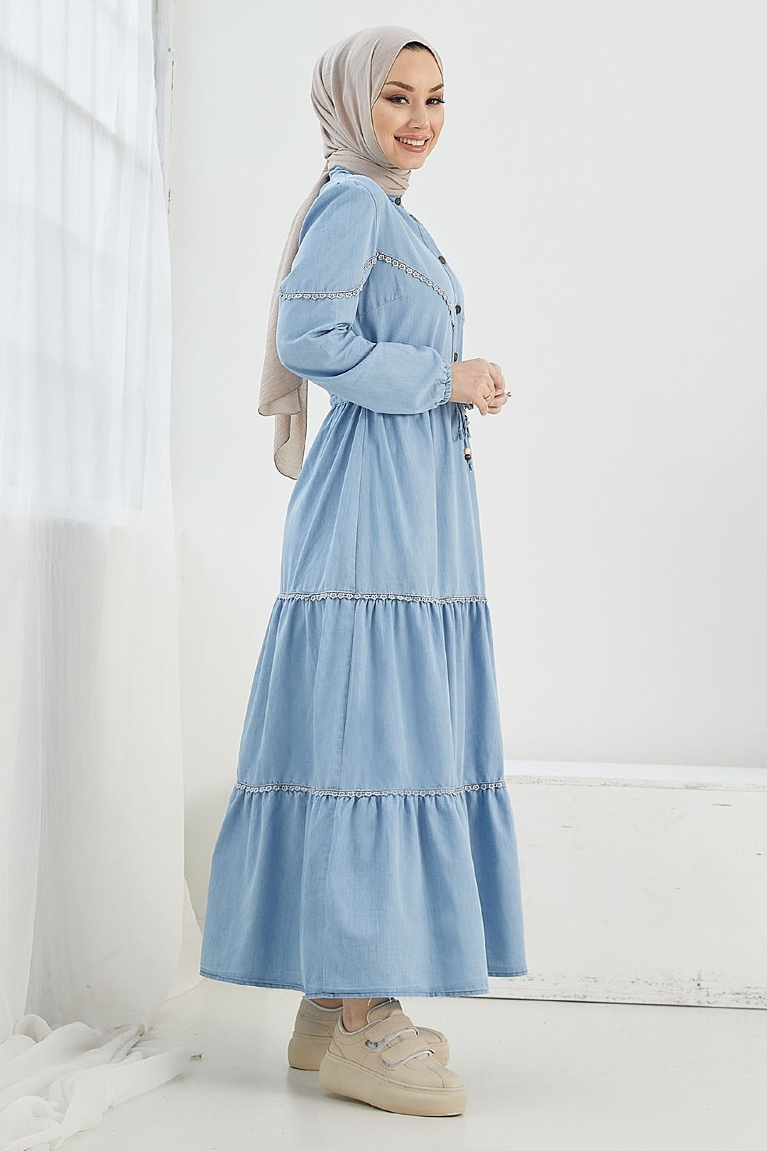 MDS Women Kayla Lace Detail Denim Dress - Light Blue - Mitcham