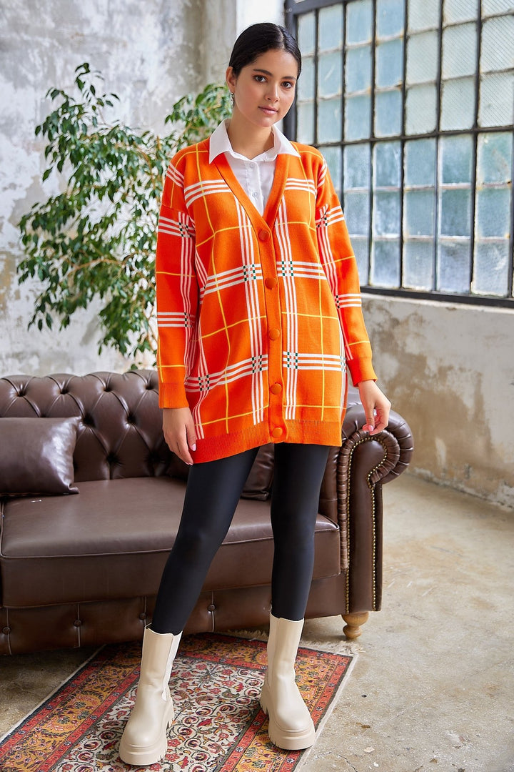 MDS Women Meri Checkered Knit Cardigan - Orange - Sanford