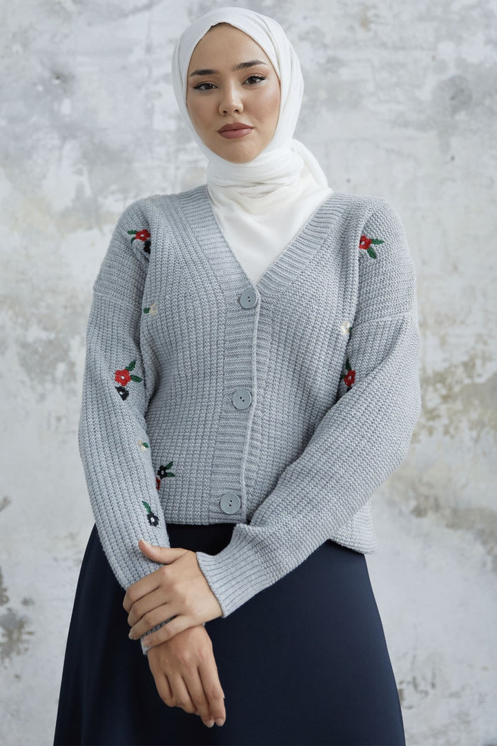 MDS Women Hello Daisy Embroidered Cardigan - Gray - Venlo