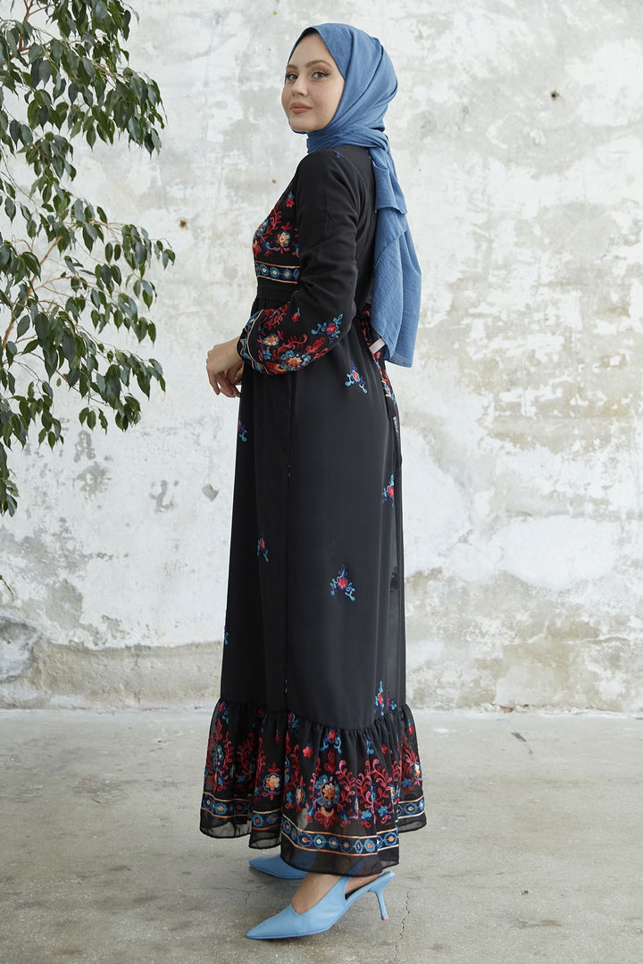 MDS Women Embroidered Skirt Frill Chiffon Dress - Black - Lerma