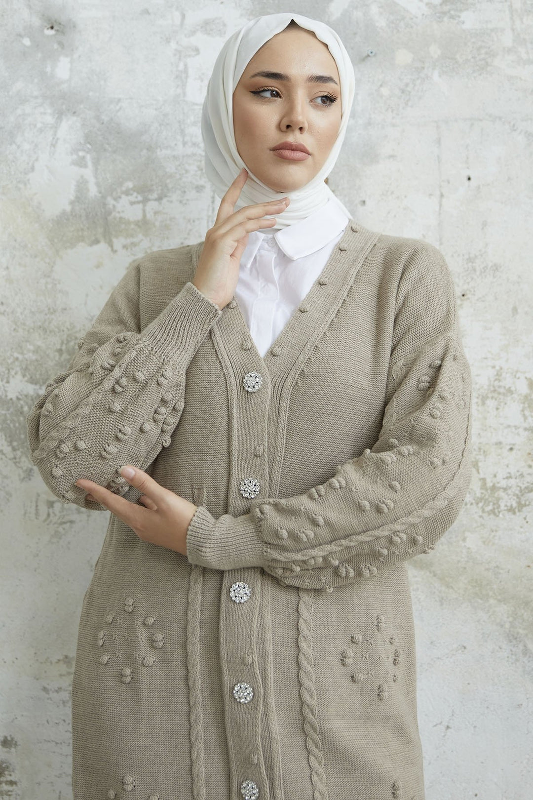 MDS Women Lomira Stone Button Detailed Knit Cardigan - Beige - Holubivske