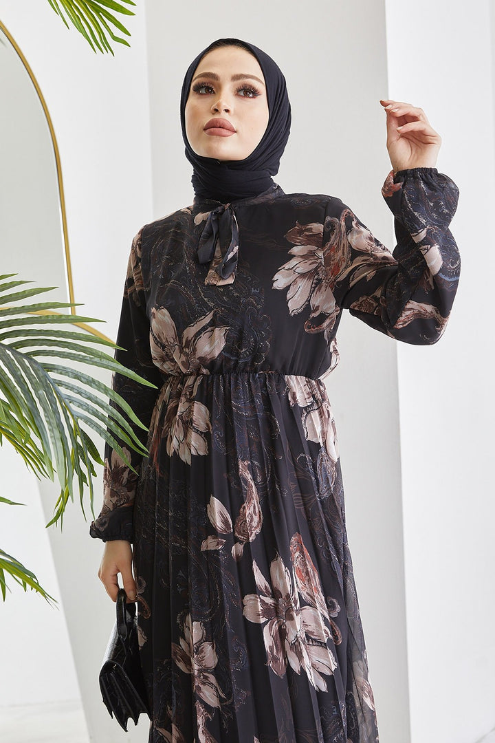 MDS Women Serena Flower Pattern Pleated Chiffon Dress - Black - Fondi