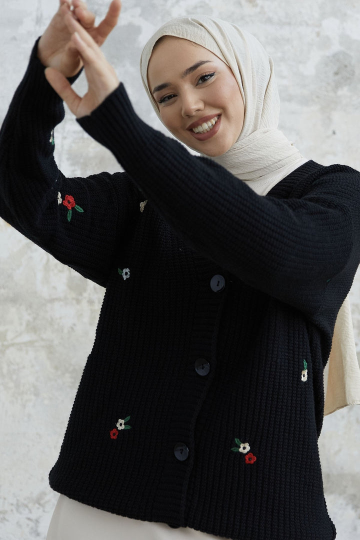 MDS Women Black Cardigan with Daisy Embroidery - Bornheim