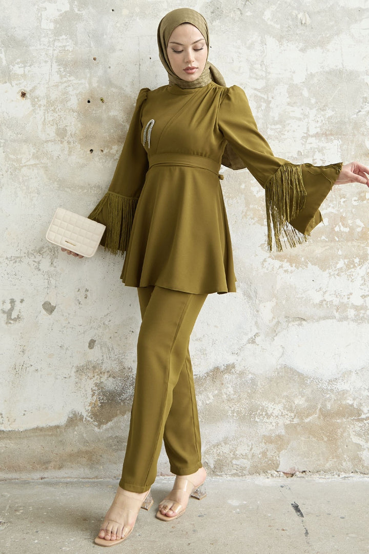 MDS Women Tasseled Sleeve Stone Crepe Set - Olive Green - Jilotepec