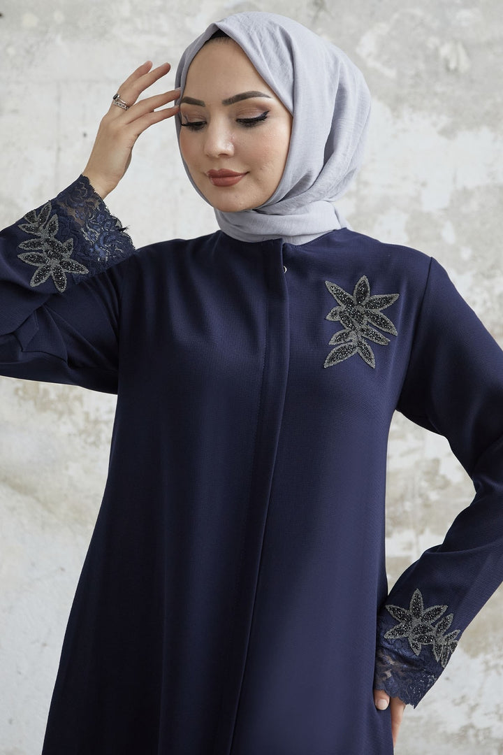 MDS Women Sleeve Embroidered Abaya with Stones - Navy Blue - Melton