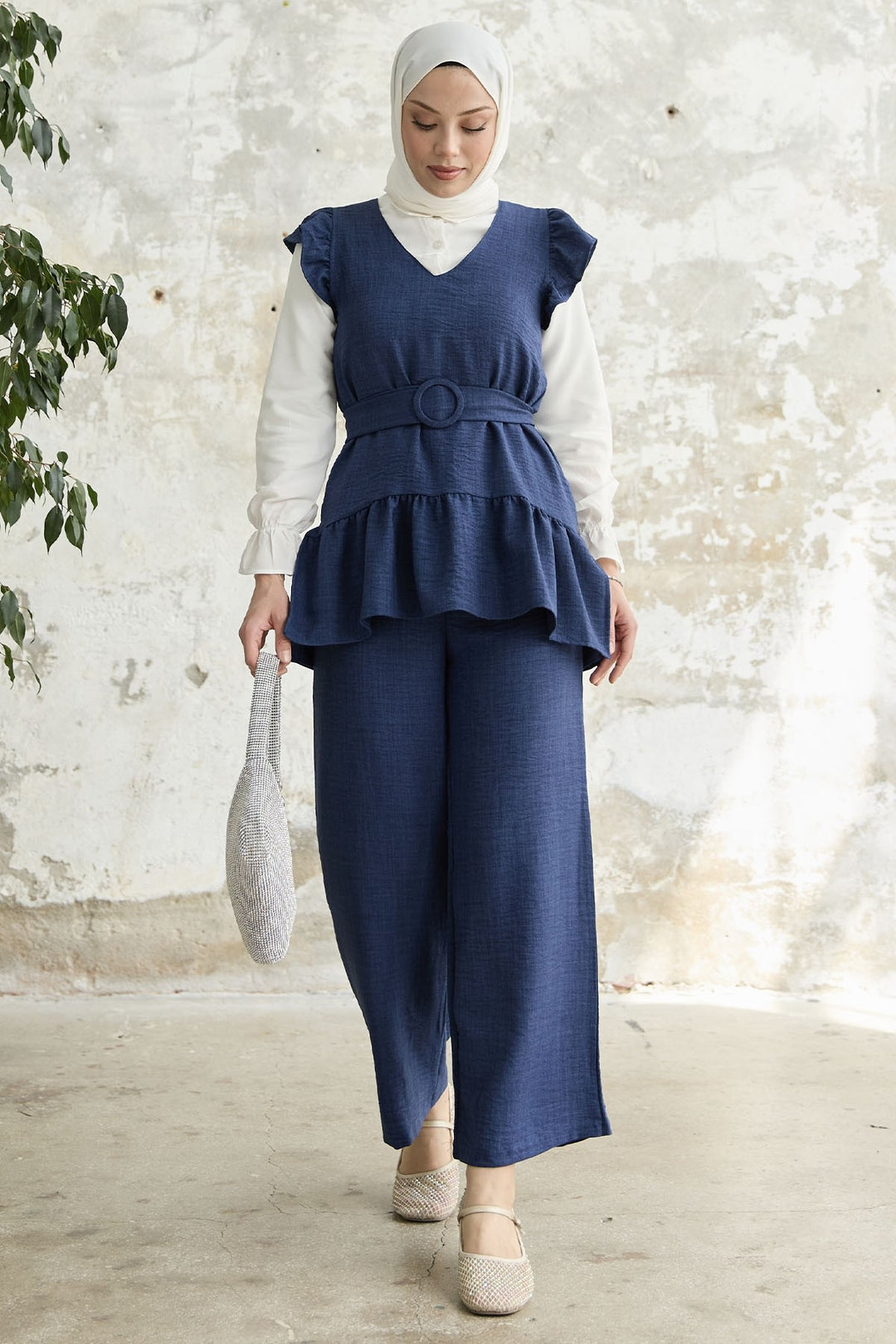 MDS Women Ruffled Shoulder Three Piece Set - Navy - Emsdetten