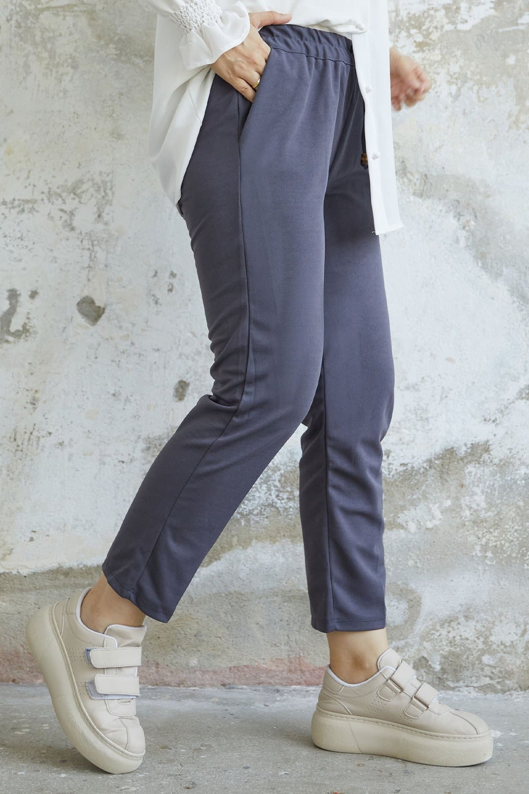MDS Women Elastic Waist Lycra Double Fabric Pants - Anthracite - Plainfield