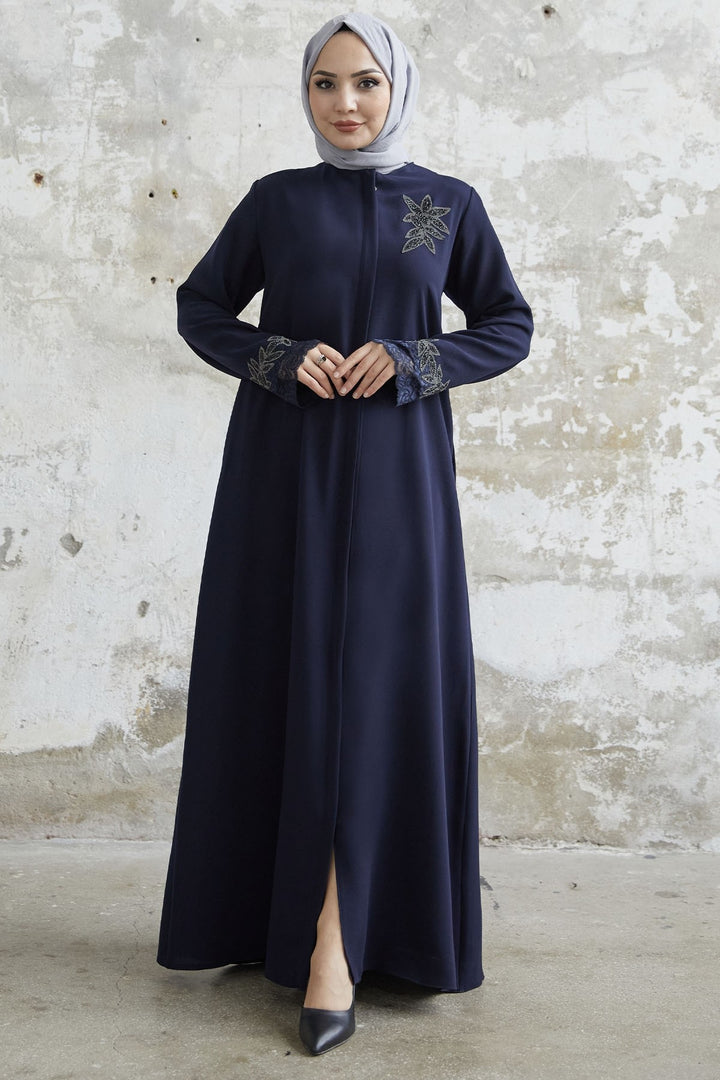 MDS Women Sleeve Embroidered Abaya with Stones - Navy Blue - Melton