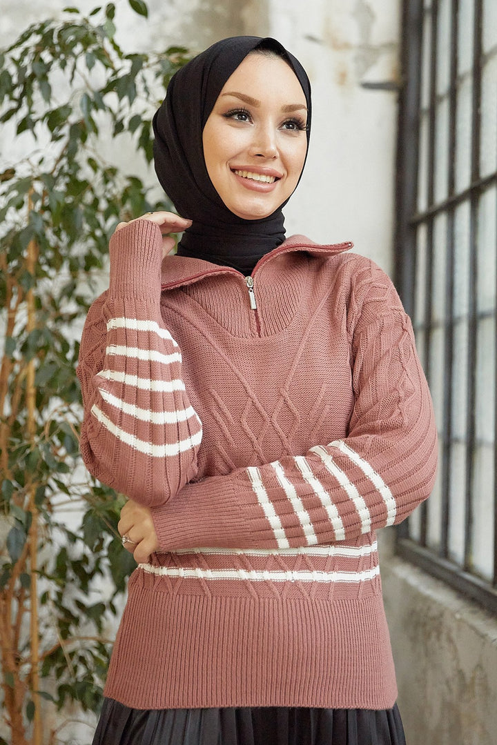 MDS Women Sova Neck Zippered Striped Knit Sweater - Rose Pink - Greenburgh