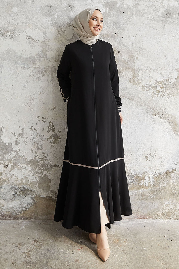 MDS Women Hazel Striped Patterned Abaya with Ribbons - Black - Loughborough