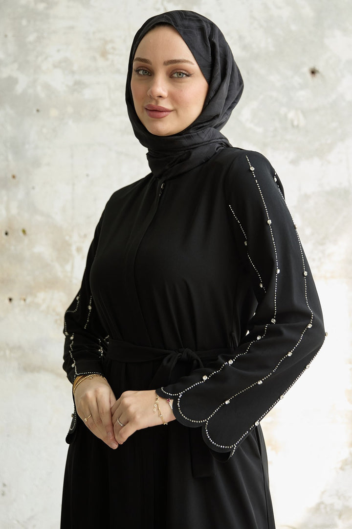 MDS Women Sleeve Stone Processing Abaya - Black - The Hammocks