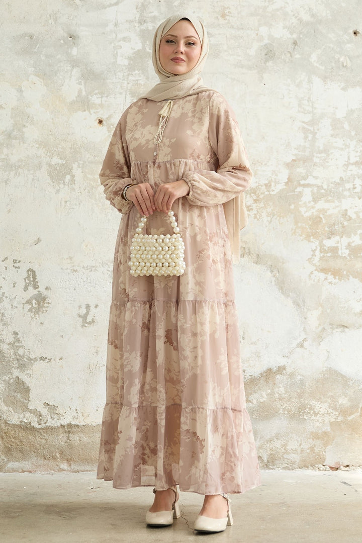 MDS Women Beige Chiffon Dress with Leaf Pattern and Tassels at the Front - Neunkirchen