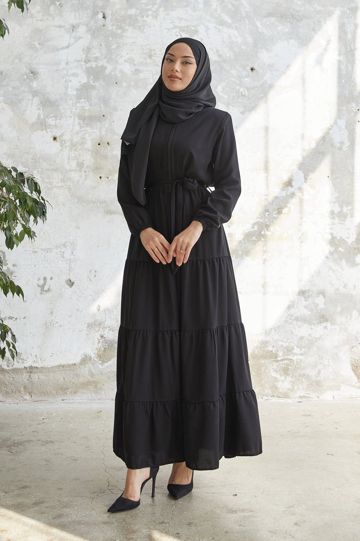 MDS Women Gathered Waist Ruffle Abaya - Black - Mexicali