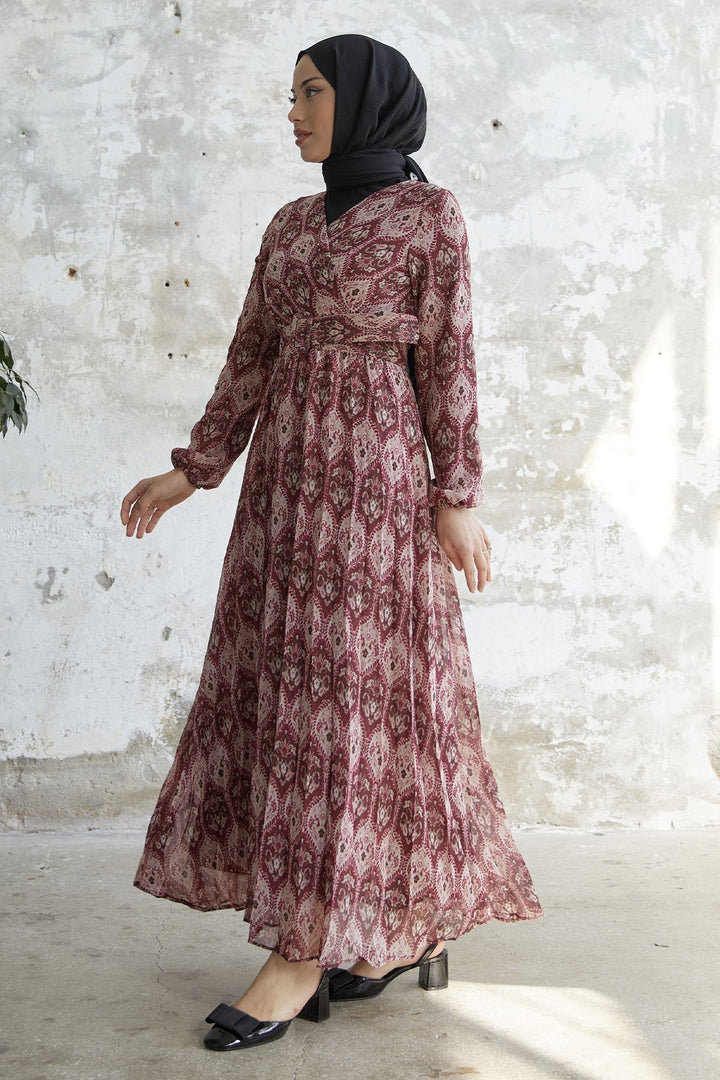 MDS Women Belted Ethnic Pattern Chiffon Dress - Purple - Kelowna