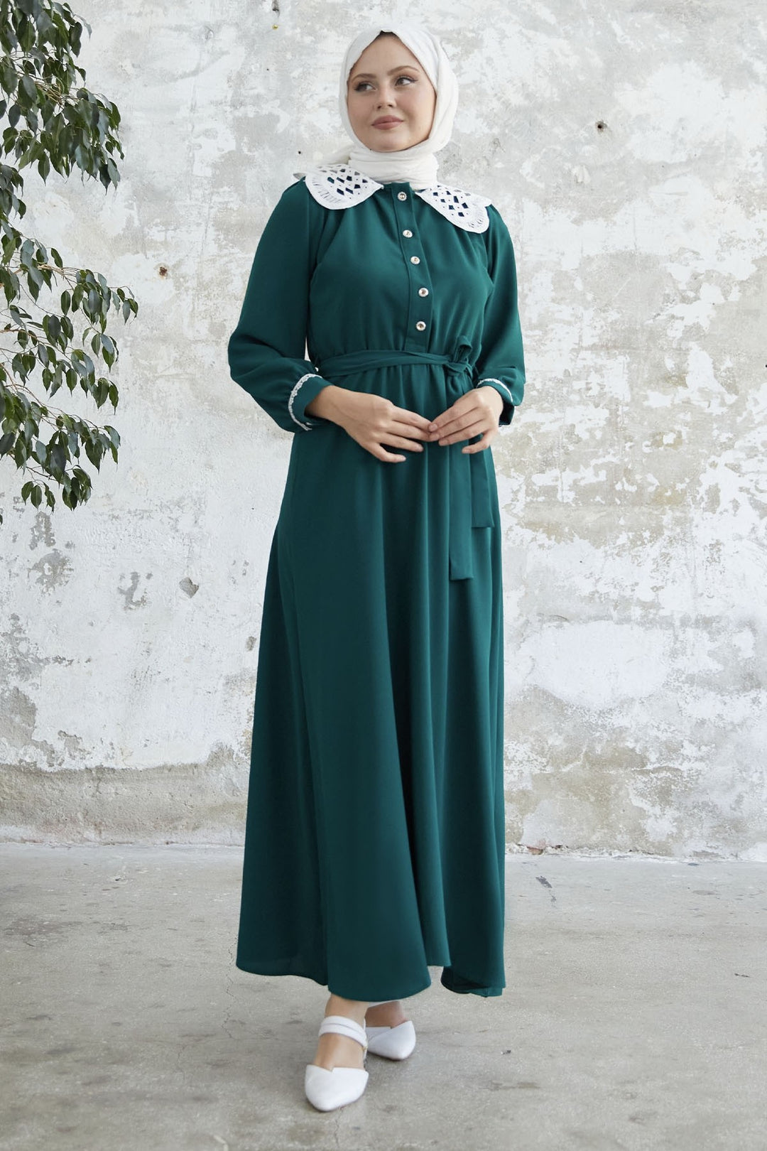 MDS Women Baby Collar Belted Dress - Emerald Green - Mülheim