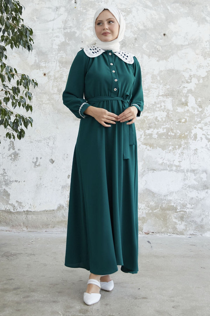 MDS Women Baby Collar Belted Dress - Emerald Green - Mülheim