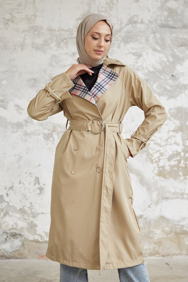 MDS Women Eleta Double-Breasted Checkered Trench Coat - Beige - Upper Hutt