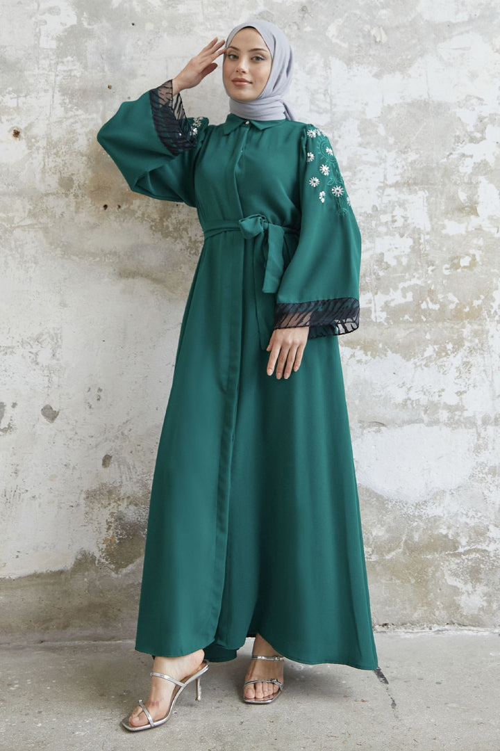 MDS Women Money Embroidered Sleeve End Abaya - Emerald Green - El Paso