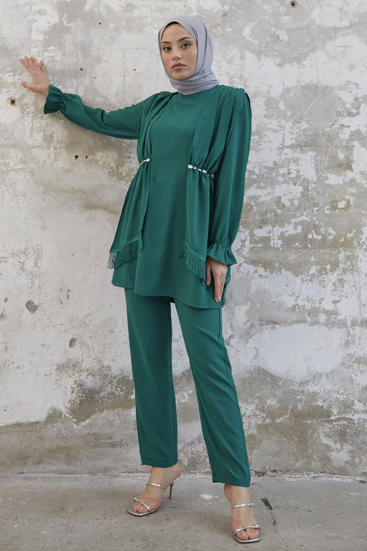 MDS Women Tassel Detail Stone Crepe Set - Emerald Green - North Vancouver