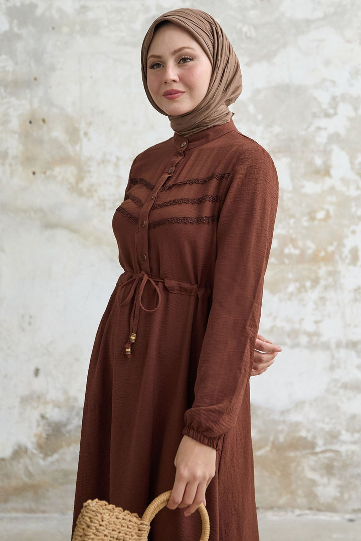 MDS Women Guipure Detail Dark Brown A-line Dress - Rio Tinto